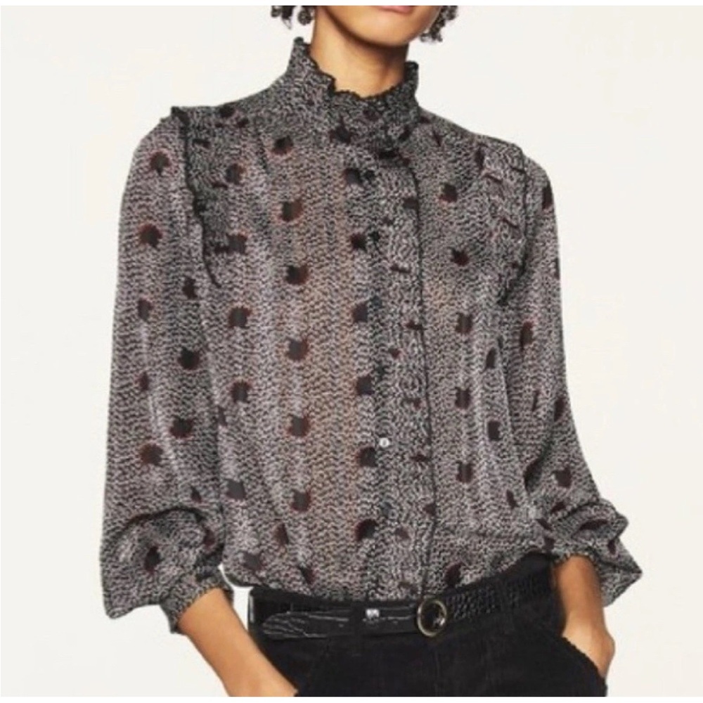 ba&sh Black and Gray Patterned Blouse Size L